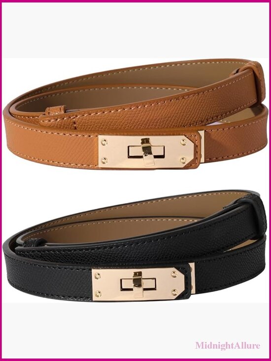 Skinny Leather Belt with Turn Lock Buckle for Dresses Jeans Coats